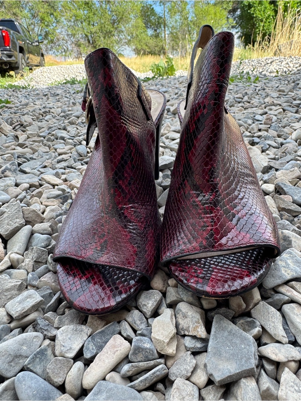 Vince Camuto Red Snakeskin Peep-Toe Slingback Sandals